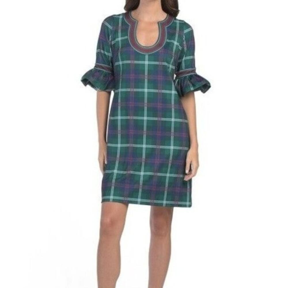 Gretchen Scott Shake Your Tushy Dress Green Middleton Plaid Bell Sleeve‎ Medium